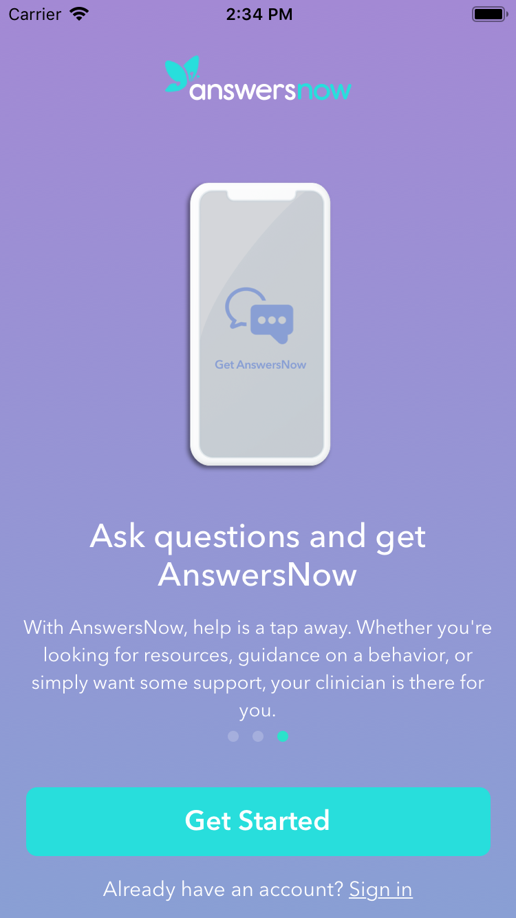 The AnswersNow onboarding screen